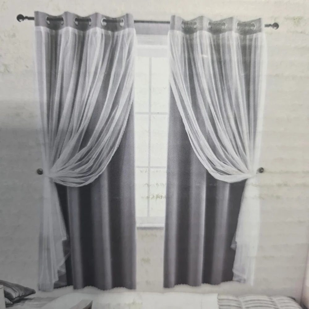 Anytime Home Grey Blackout Curtains White Rope Cord Tie-Ups Grommet Top 52